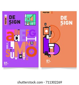 Vector covers design set with retro style. Cool geometric memphis style poster template with alphabets typography. Summer and autumn design template.