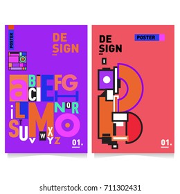 Vector covers design set with retro style. Cool geometric memphis style poster template with alphabets typography. Summer and autumn design template.