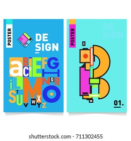 Vector covers design set with retro style. Cool geometric memphis style poster template with alphabets typography. Summer and autumn design template.