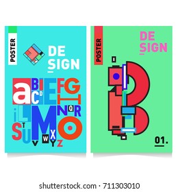 Vector covers design set with retro style. Cool geometric memphis style poster template with alphabets typography. Summer and autumn design template.