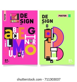 Vector covers design set with retro style. Cool geometric memphis style poster template with alphabets typography. Summer and autumn design template.
