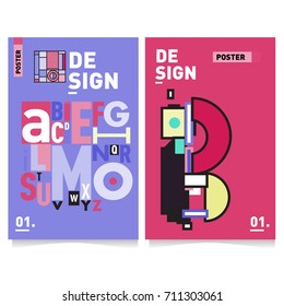 Vector covers design set with retro style. Cool geometric memphis style poster template with alphabets typography. Summer and autumn design template.