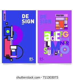 Vector covers design set with retro style. Cool geometric memphis style poster template with alphabets typography. Summer and autumn design template.
