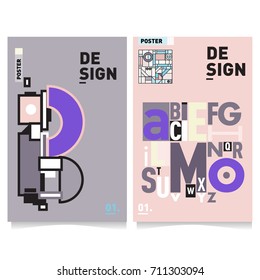 Vector covers design set with retro style. Cool geometric memphis style poster template with alphabets typography. Summer and autumn design template.