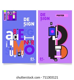 Vector covers design set with retro style. Cool geometric memphis style poster template with alphabets typography. Summer and autumn design template.