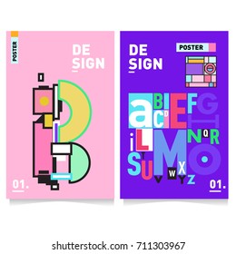 Vector covers design set with retro style. Cool geometric memphis style poster template with alphabets typography. Summer and autumn design template.