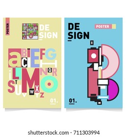 Vector covers design set with retro style. Cool geometric memphis style poster template with alphabets typography. Summer and autumn design template.