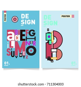 Vector covers design set with retro style. Cool geometric memphis style poster template with alphabets typography. Summer and autumn design template.