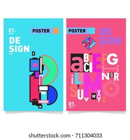 Vector covers design set with retro style. Cool geometric memphis style poster template with alphabets typography. Summer and autumn design template.