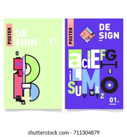 Vector covers design set with retro style. Cool geometric memphis style poster template with alphabets typography. Summer and autumn design template.