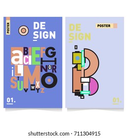 Vector covers design set with retro style. Cool geometric memphis style poster template with alphabets typography. Summer and autumn design template.