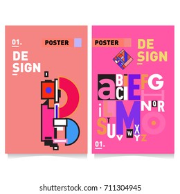 Vector covers design set with retro style. Cool geometric memphis style poster template with alphabets typography. Summer and autumn design template.