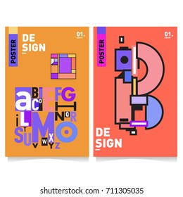 Vector covers design set with retro style. Cool geometric memphis style poster template with alphabets typography. Summer and autumn design template.