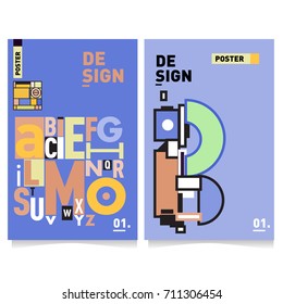 Vector covers design set with retro style. Cool geometric memphis style poster template with alphabets typography. Summer and autumn design template.