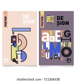 Vector covers design set with retro style. Cool geometric memphis style poster template with alphabets typography. Summer and autumn design template.