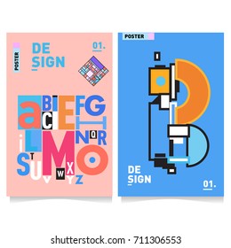 Vector covers design set with retro style. Cool geometric memphis style poster template with alphabets typography. Summer and autumn design template.