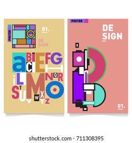 Vector covers design set with retro style. Cool geometric memphis style poster template with alphabets typography. Summer and autumn design template.