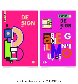 Vector covers design set with retro style. Cool geometric memphis style poster template with alphabets typography. Summer and autumn design template.