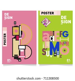 Vector covers design set with retro style. Cool geometric memphis style poster template with alphabets typography. Summer and autumn design template.