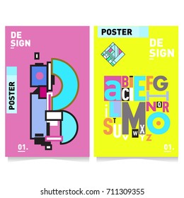 Vector covers design set with retro style. Cool geometric memphis style poster template with alphabets typography. Summer and autumn design template.