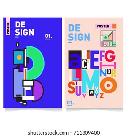 Vector covers design set with retro style. Cool geometric memphis style poster template with alphabets typography. Summer and autumn design template.