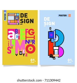 Vector covers design set with retro style. Cool geometric memphis style poster template with alphabets typography. Summer and autumn design template.