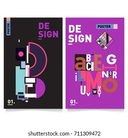 Vector covers design set with retro style. Cool geometric memphis style poster template with alphabets typography. Summer and autumn design template.