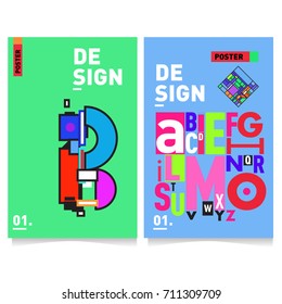 Vector covers design set with retro style. Cool geometric memphis style poster template with alphabets typography. Summer and autumn design template.