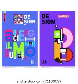 Vector covers design set with retro style. Cool geometric memphis style poster template with alphabets typography. Summer and autumn design template.