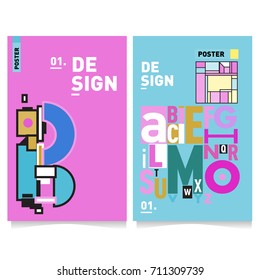 Vector covers design set with retro style. Cool geometric memphis style poster template with alphabets typography. Summer and autumn design template.