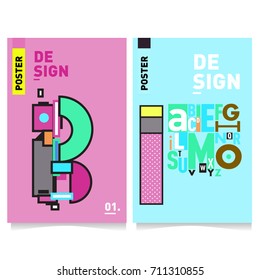 Vector covers design set with retro style. Cool geometric memphis style poster template with alphabets typography. Summer and autumn design template.
