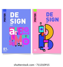Vector covers design set with retro style. Cool geometric memphis style poster template with alphabets typography. Summer and autumn design template.