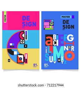 Vector covers design set with retro style. Cool geometric memphis style poster template with alphabets typography. Summer and autumn design template.
