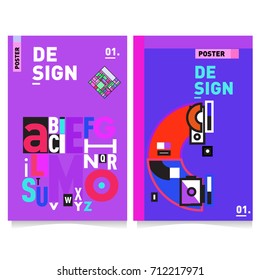 Vector covers design set with retro style. Cool geometric memphis style poster template with alphabets typography. Summer and autumn design template.