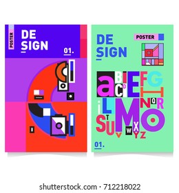 Vector covers design set with retro style. Cool geometric memphis style poster template with alphabets typography. Summer and autumn design template.