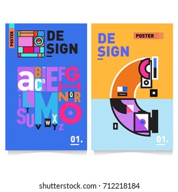 Vector covers design set with retro style. Cool geometric memphis style poster template with alphabets typography. Summer and autumn design template.