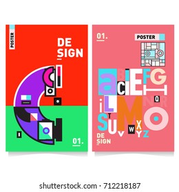Vector covers design set with retro style. Cool geometric memphis style poster template with alphabets typography. Summer and autumn design template.