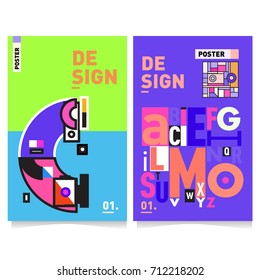 Vector covers design set with retro style. Cool geometric memphis style poster template with alphabets typography. Summer and autumn design template.