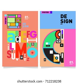 Vector covers design set with retro style. Cool geometric memphis style poster template with alphabets typography. Summer and autumn design template.