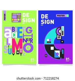 Vector covers design set with retro style. Cool geometric memphis style poster template with alphabets typography. Summer and autumn design template.