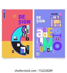 Vector covers design set with retro style. Cool geometric memphis style poster template with alphabets typography. Summer and autumn design template.