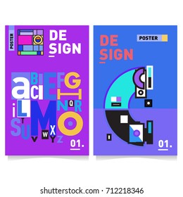 Vector covers design set with retro style. Cool geometric memphis style poster template with alphabets typography. Summer and autumn design template.