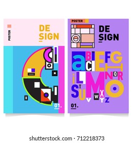 Vector covers design set with retro style. Cool geometric memphis style poster template with alphabets typography. Summer and autumn design template.
