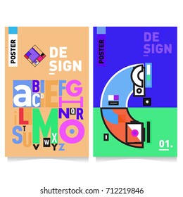 Vector covers design set with retro style. Cool geometric memphis style poster template with alphabets typography. Summer and autumn design template.