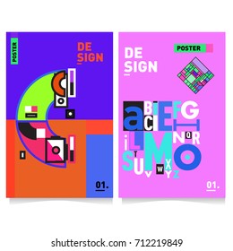 Vector covers design set with retro style. Cool geometric memphis style poster template with alphabets typography. Summer and autumn design template.