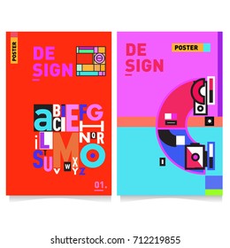 Vector covers design set with retro style. Cool geometric memphis style poster template with alphabets typography. Summer and autumn design template.