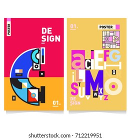 Vector covers design set with retro style. Cool geometric memphis style poster template with alphabets typography. Summer and autumn design template.