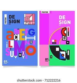 Vector covers design set with retro style. Cool geometric memphis style poster template with alphabets typography. Summer and autumn design template.