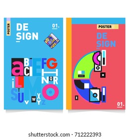 Vector covers design set with retro style. Cool geometric memphis style poster template with alphabets typography. Summer and autumn design template.