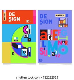 Vector covers design set with retro style. Cool geometric memphis style poster template with alphabets typography. Summer and autumn design template.